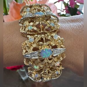 Vintage 14K Gold Opal & Diamond Wide Bracelet | 69.1g | Statement Piece